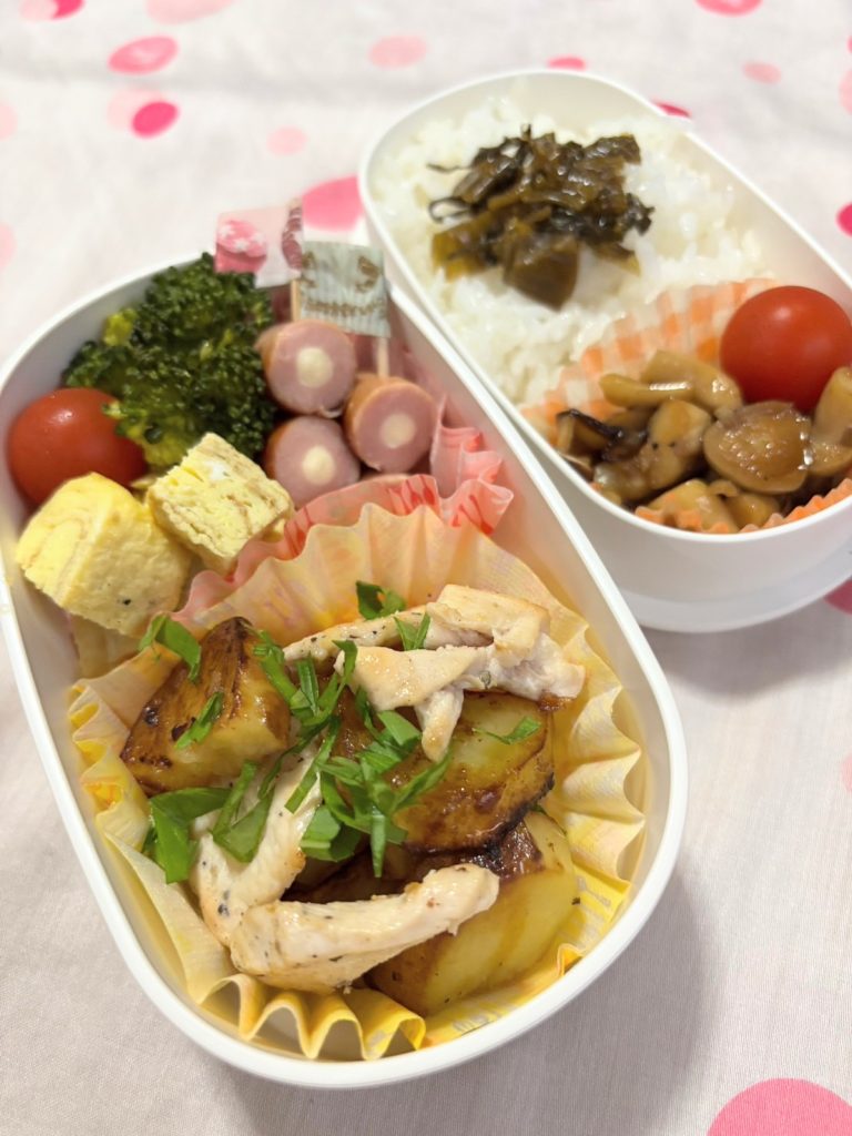 【冷凍食品なし】朝ラク&高たんぱくで栄養満点!高校生のための一週間お弁当記録
・高菜ごはん
・鶏胸肉のジャーマンポテト
・だし巻き卵
・しいたけとしめじの甘辛煮
・チーズインウィンナー